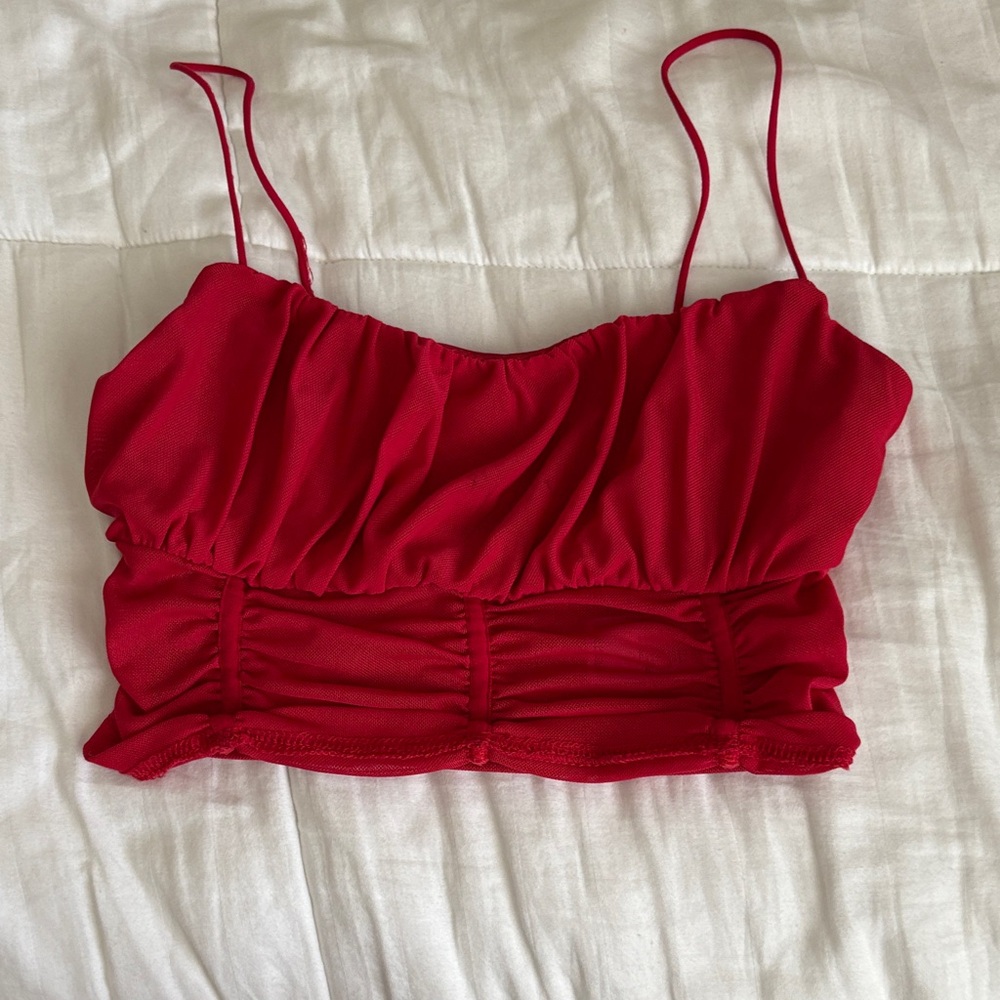 Garage Red Ruched Spaghetti Strap Crop Camisole